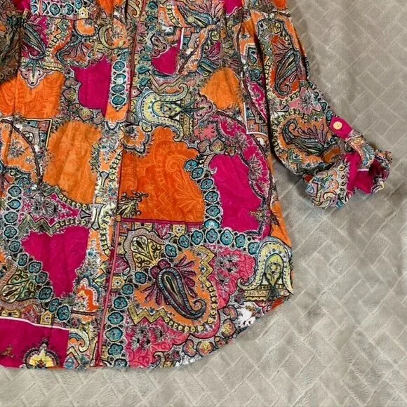 Chicos Womens S Button Up Shirt Colorful Paisley Boho Hippie Lightweight Cotton - Picture 4 of 13